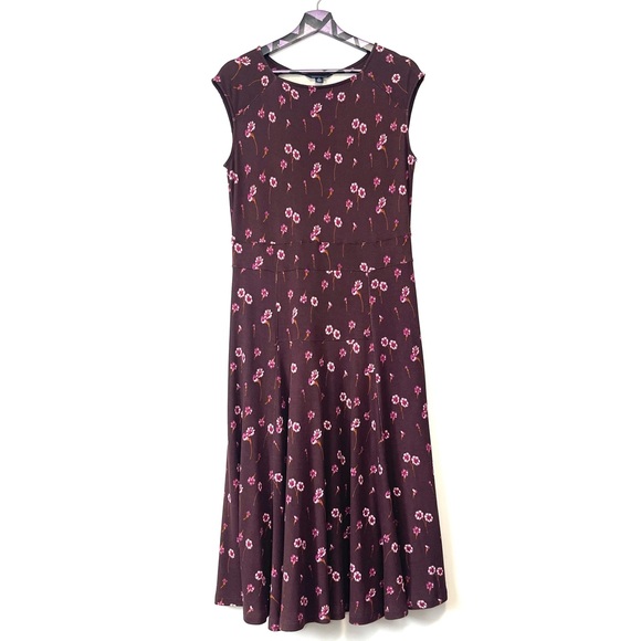 Lands End Casual Flared Coffee Brown Floral Dress Size 10-12 - Picture 5 of 8